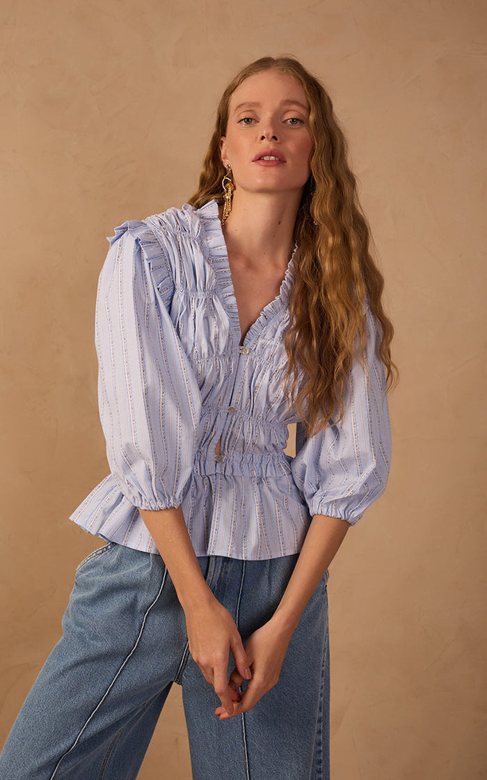 Blue Ruffled Buttoned Puff Sleeve Blouse_1