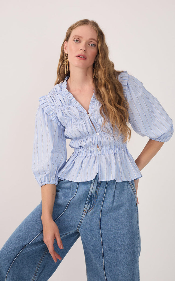 Blue Ruffled Buttoned Puff Sleeve Blouse_2