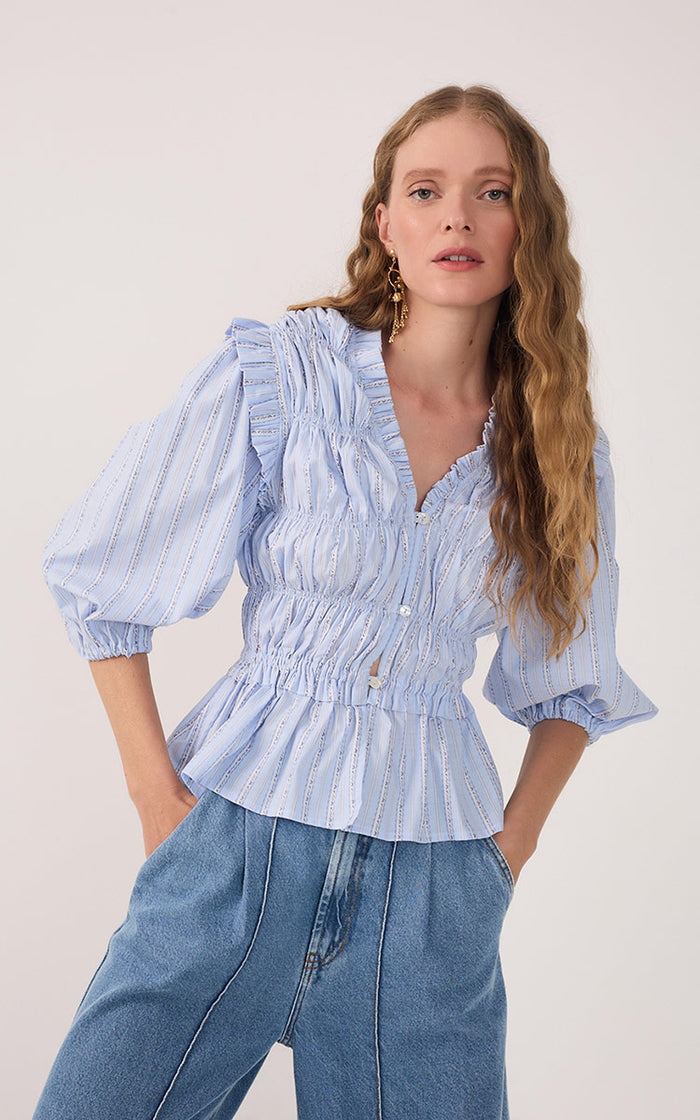 Blue Ruffled Buttoned Puff Sleeve Blouse_3