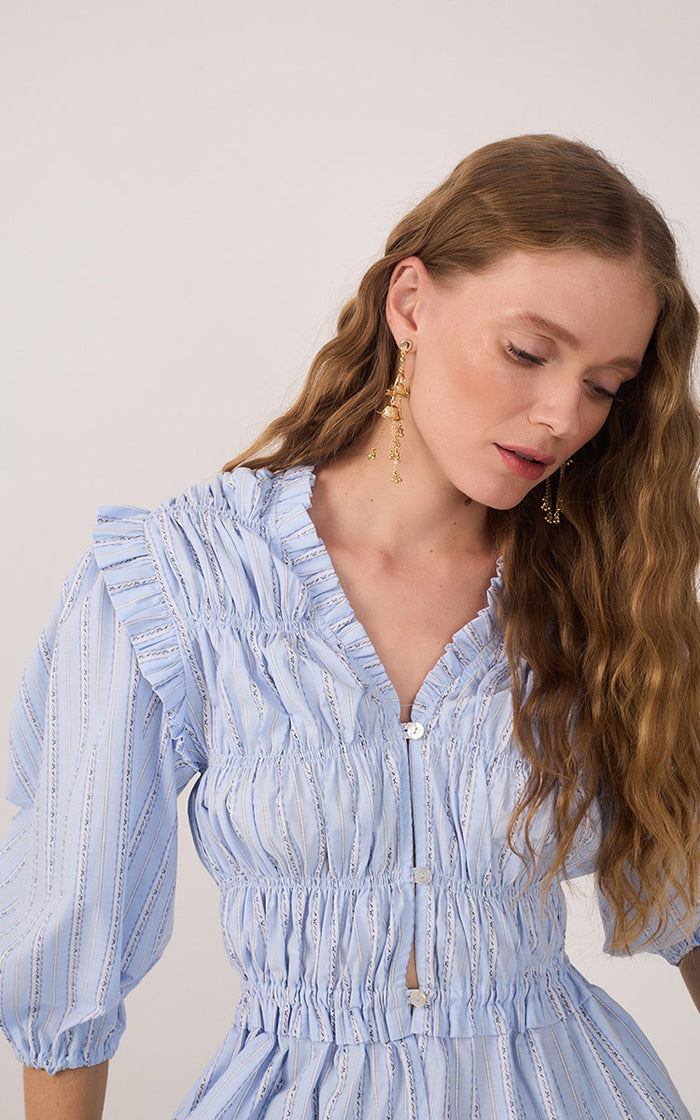 Blue Ruffled Buttoned Puff Sleeve Blouse_4