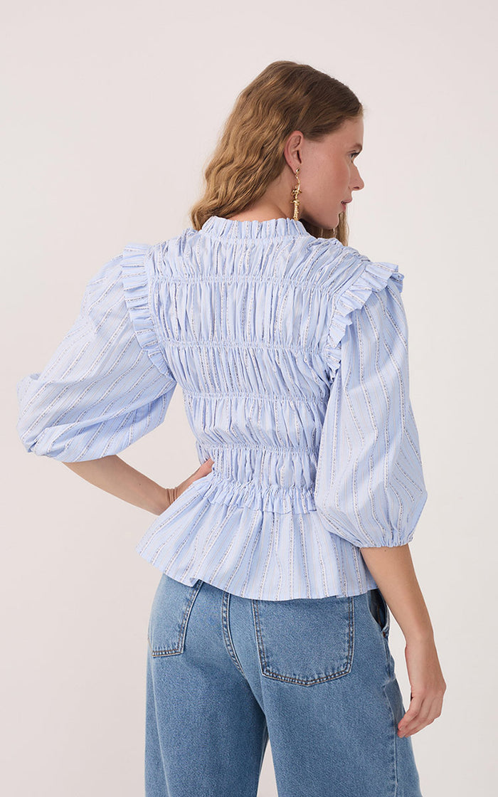 Blue Ruffled Buttoned Puff Sleeve Blouse_5