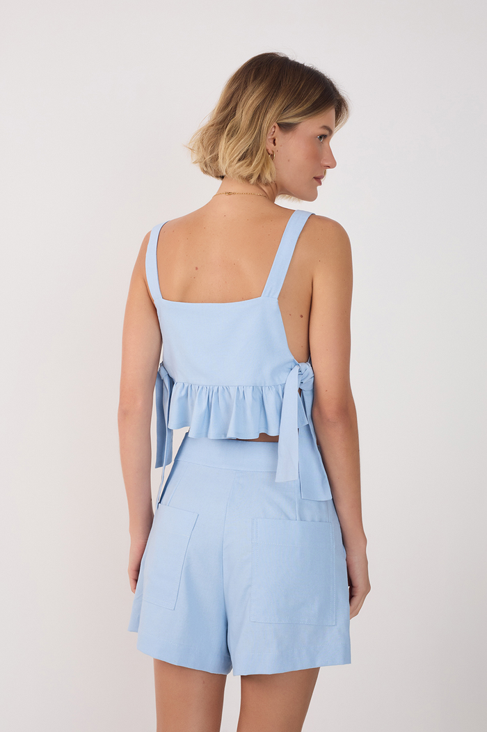 Blue Square Neck Side Ties Ruffled Blouse_5