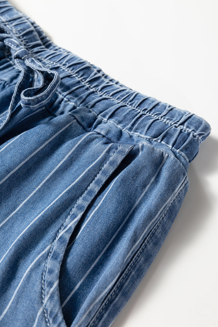 Blue Stripe Chambray Wide Leg Tied Elastic Waist Trousers