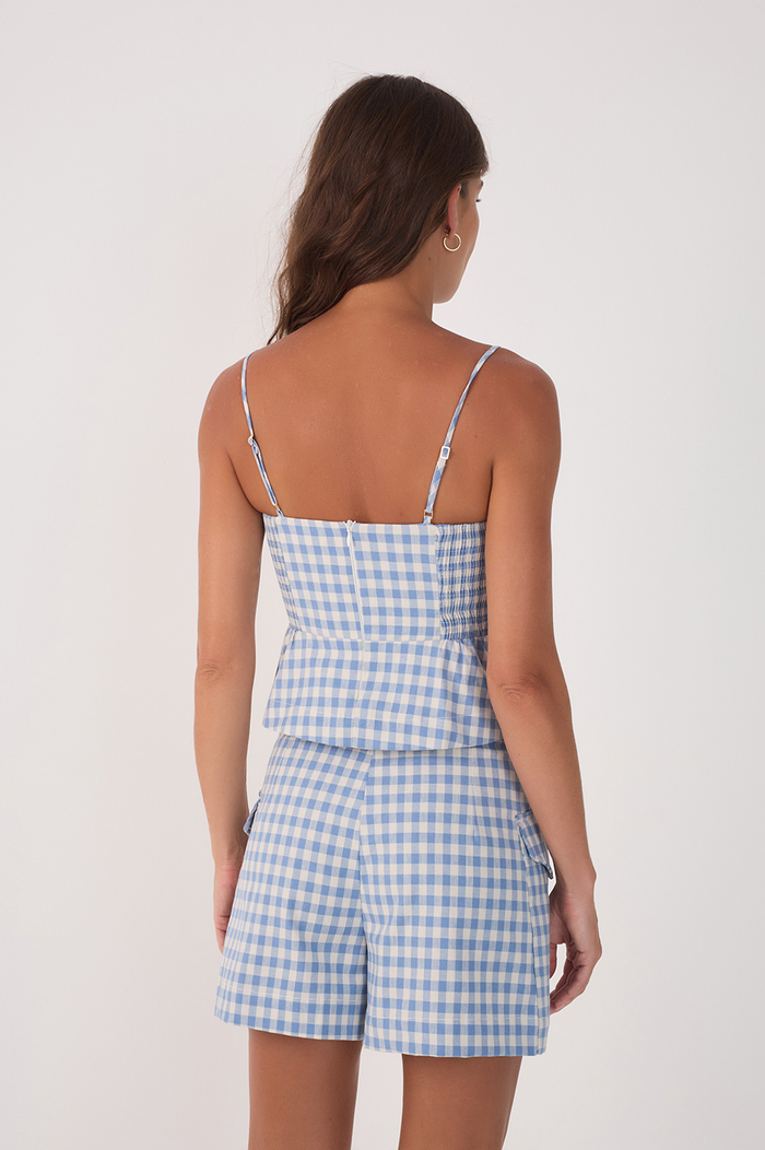 Blue Vichy Buttoned Sleeveless Blouse