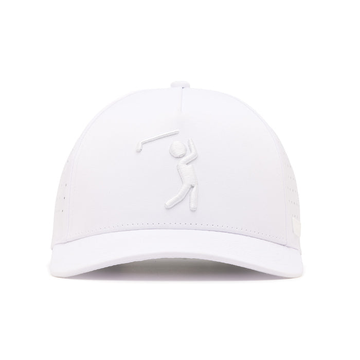 The Bogeyman White/White Performance Golf Hat is a snapback cap shown from the front, featuring an embroidered golfer in white, a curved brim, ventilation holes, performance fabric, and a sweat stain resistant finish.
