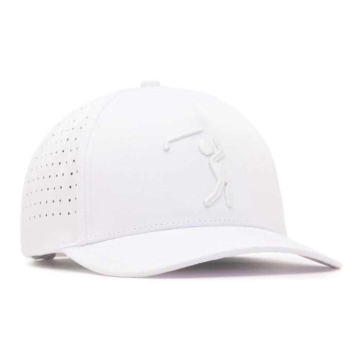 The Bogeyman White/White Performance Golf Hat is a snapback with small ventilation holes, an embroidered golfer outline on the front, sweat stain resistant material, curved brim, and structured crown.