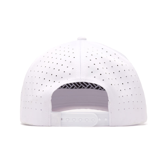The Bogeyman - White/White Performance Golf Hat is a snapback cap with small ventilation holes, an adjustable plastic strap at the back, and a hint of black and white patterned performance material inside.