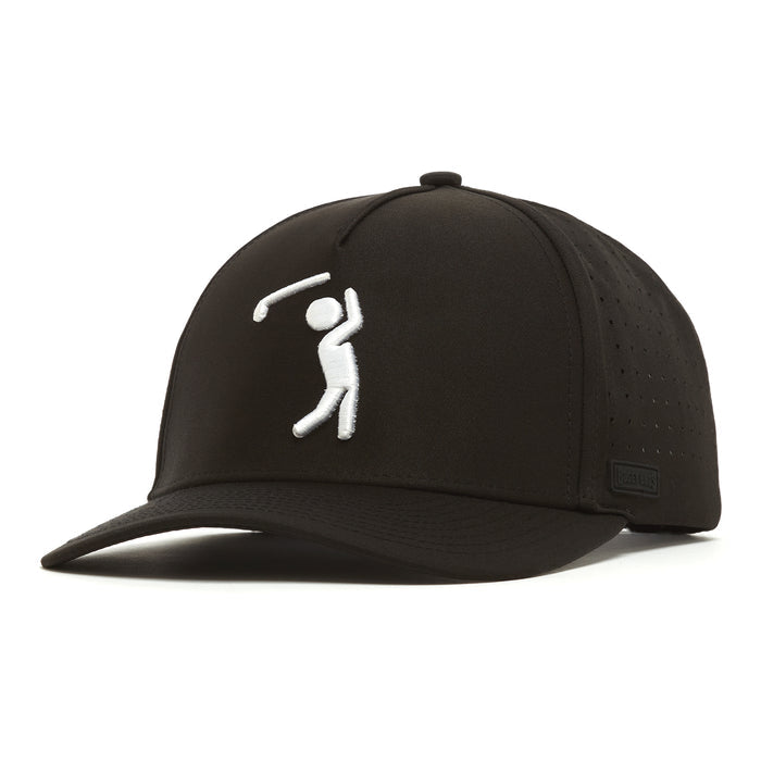 The Bogeyman Black Performance Golf Hat is a snapback with a curved brim, featuring a white embroidered stick figure swinging a golf club, ventilation holes, performance fabric, and a rectangular black tag on the side.