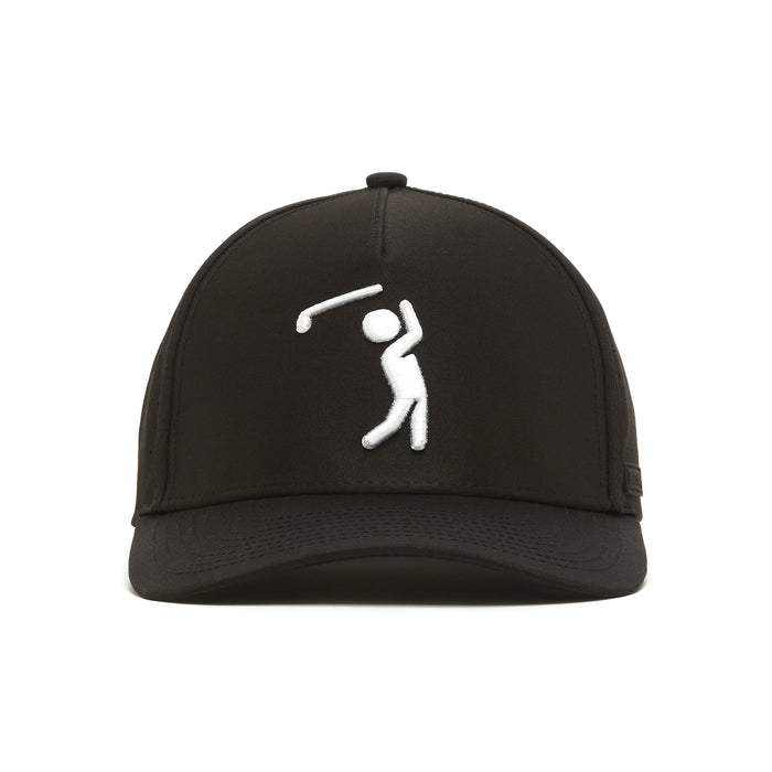 The Bogeyman Black Performance Golf Hat is a black snapback featuring a white embroidered stick figure golfer on the front. Made from performance material with a curved brim, it ensures comfort and resists sweat stains.