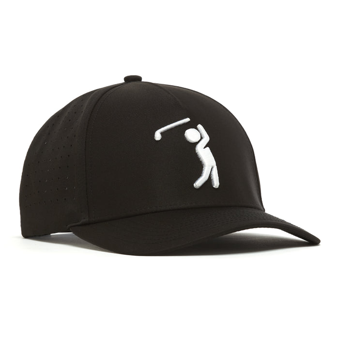 The Bogeyman Black Performance Golf Hat is a snapback cap with a white embroidered stick figure swinging a golf club on the front, made from performance material with a curved brim and side perforations for ventilation.