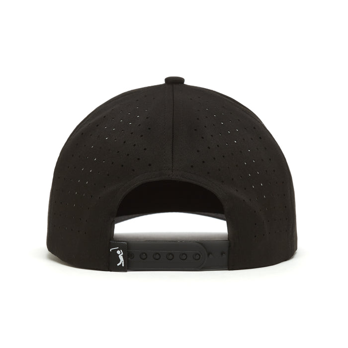 The Bogeyman Black Performance Golf Hat is shown from the back, featuring ventilation holes in the material and a black adjustable snapback with a tag that displays a white golf-swinging silhouette.