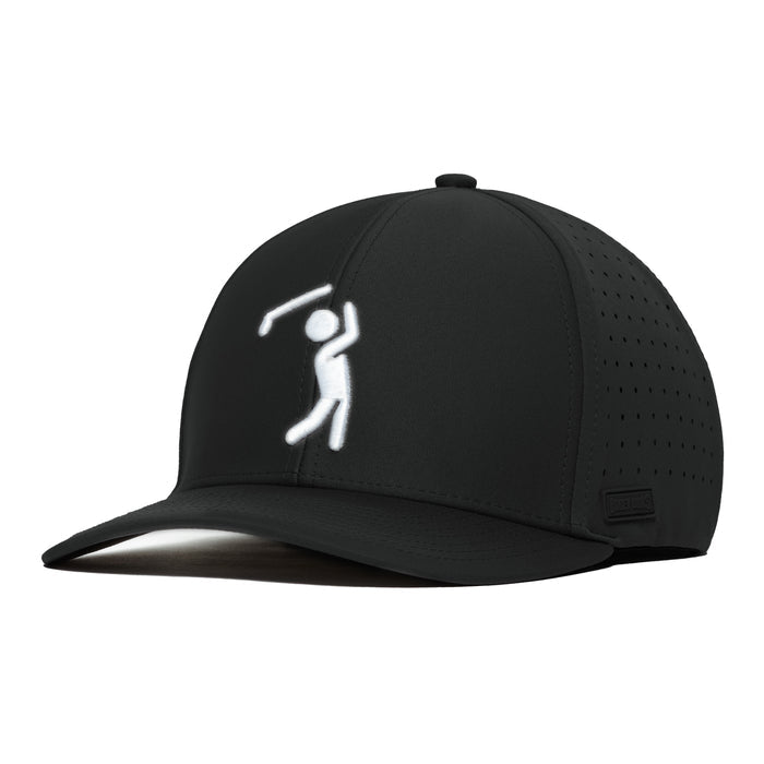 The Bogeyman Black Performance Golf Hat features a white stick figure swinging a golf club on the front, performance fabric, a curved brim, an elastic stretch fit band for comfort, and ventilation holes for breathability and style.