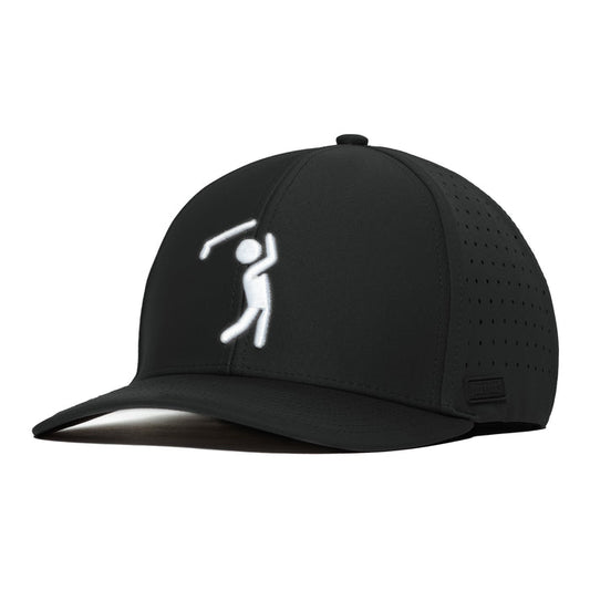 The Bogeyman Black Performance Golf Hat features a white stick figure swinging a golf club on the front, performance fabric, a curved brim, an elastic stretch fit band for comfort, and ventilation holes for breathability and style.