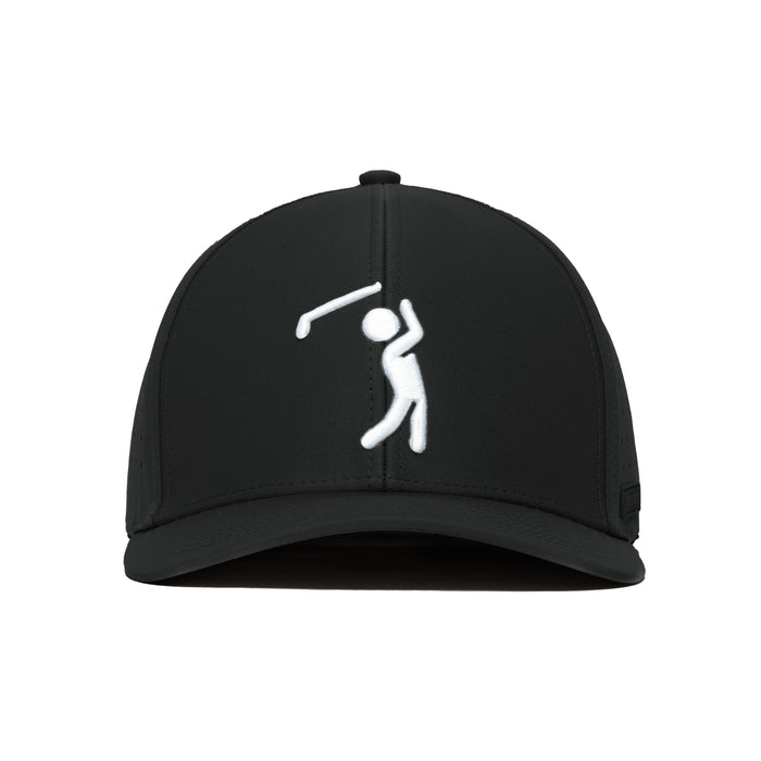The Bogeyman Black Performance Golf Hat features a white embroidered stick-figure golfer swinging on the front. Made with performance material, it has an elastic stretch fit, structured shape, and curved visor for comfort and style.