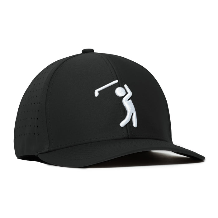 The Bogeyman Black - Performance Golf Hat - Stretch Fit is a black cap with a curved brim, side ventilation holes, structured crown, button top, performance fabric, and a white embroidered stick figure golfing logo.