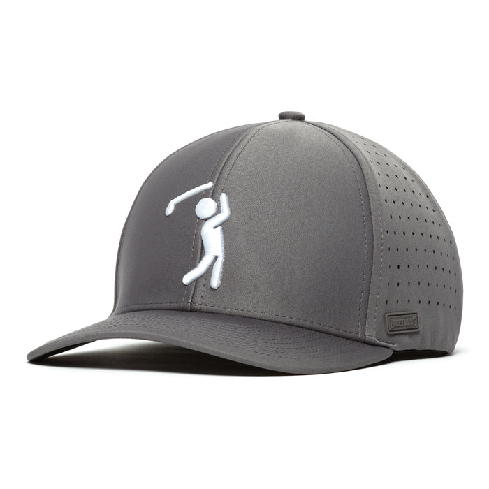 The Bogeyman Charcoal Performance Golf Hat is a stretch-fit gray cap with a curved brim, side ventilation holes, and performance fabric. It features a white embroidered golfer on the front and a rectangular logo patch above the brim.
