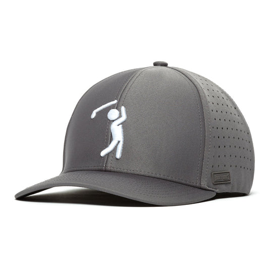 The Bogeyman Charcoal Performance Golf Hat is a stretch-fit gray cap with a curved brim, side ventilation holes, and performance fabric. It features a white embroidered golfer on the front and a rectangular logo patch above the brim.