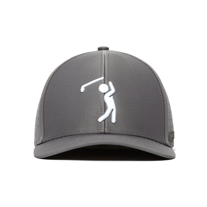 The Bogeyman Charcoal Performance Golf Hat features a white embroidered stick figure swinging a golf club on the center front, made from performance material with a curved brim, panel stitching, and a comfortable stretch-fit band.