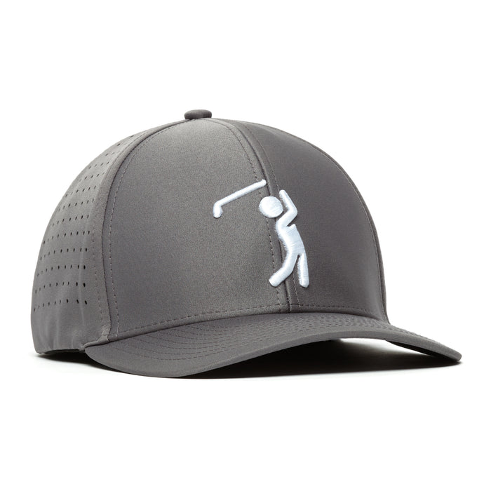 The Bogeyman Charcoal Performance Golf Hat features small side ventilation holes, a white embroidered golfer on the front, a curved brim, stretch-fit band, and fabric-covered top button—all crafted from performance material.