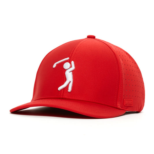 The Bogeyman Red Performance Golf Hat features a stretch fit, curved brim, and perforated side panel. Made from performance material, it has a sporty look with a white embroidered golfer silhouette on the front.