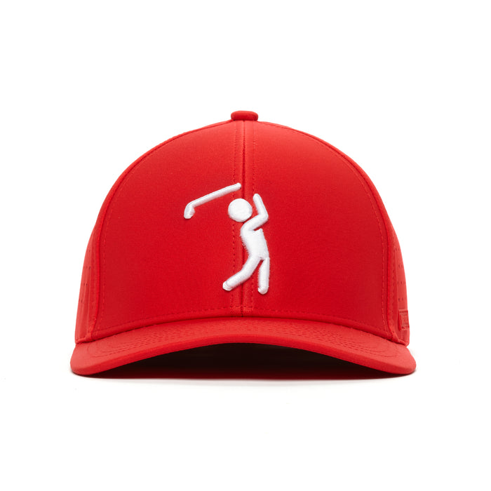 The Bogeyman Red Performance Golf Hat is shown from the front, featuring a white embroidered stick figure swinging a golf club on the structured red panel. It has a curved brim, smooth performance material, and no visible logos or text.