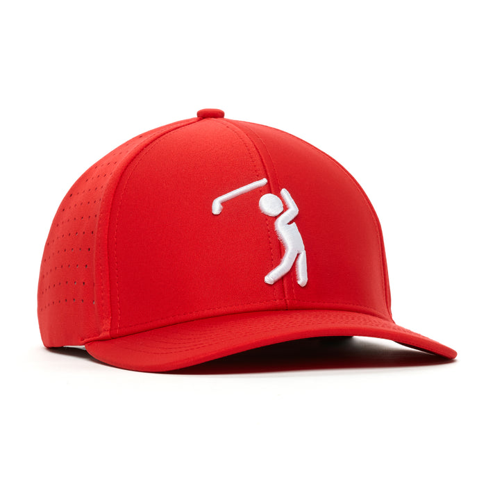 The Bogeyman Red Performance Golf Hat is a bright red, stretch-fit cap with a curved brim, white embroidered golfer on the front, ventilation holes, and a perforated back for breathability. Shown from the front angle.