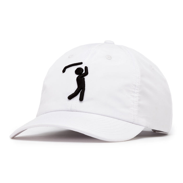The Bogeyman White/Black Dad Hat is a white cap with a curved brim, featuring a black embroidered stick figure swinging a golf club. It has ventilation eyelets, a top button, and an adjustable back strap for comfort.