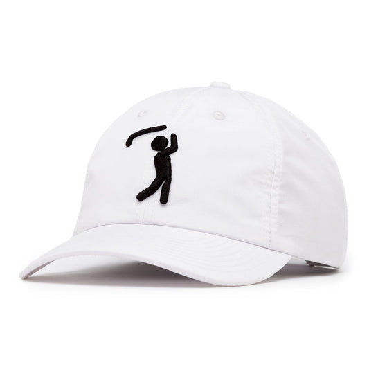 The Bogeyman White/Black Dad Hat is a white cap with a curved brim, featuring a black embroidered stick figure swinging a golf club. It has ventilation eyelets, a top button, and an adjustable back strap for comfort.