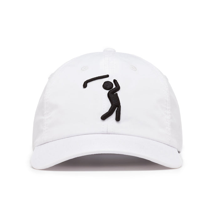 The Bogeyman White/Black Dad Hat is a white performance cap with a curved brim, front black stick figure golf swing embroidery, visible stitching, and an adjustable back strap for a custom fit.