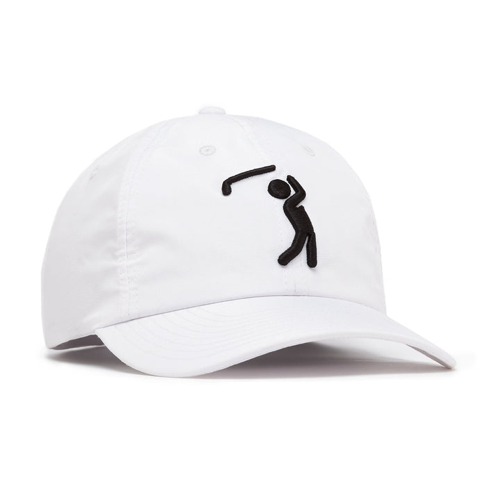 The Bogeyman White/Black Dad Hat features a white design with an embroidered black stick-figure golfer swinging a club on the front, curved brim, visible stitching, and an adjustable back strap, displayed on a white background.