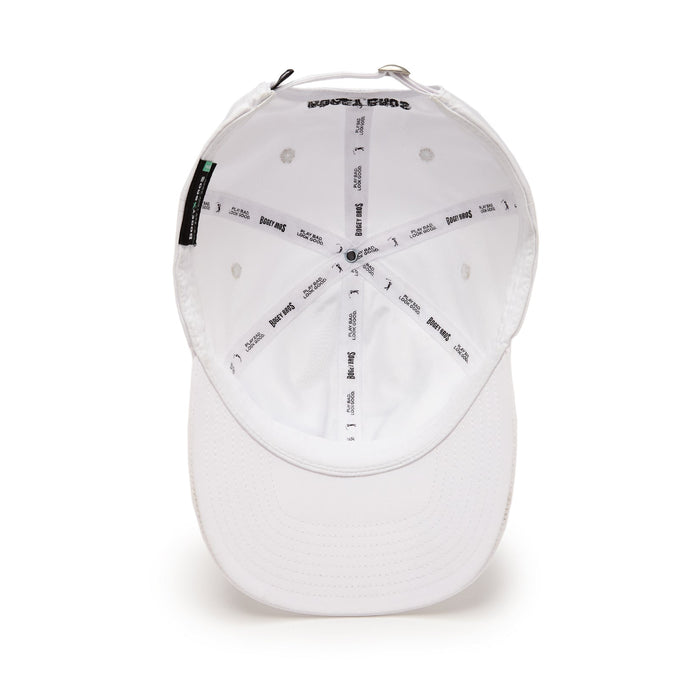 A Bogeyman White/Black Dad Hat, shown from the inside, features a sweatband, repeating Bogey Bros branding with PLAY BAD. LOOK GOOD. and small golfer graphics, plus an adjustable back strap for a custom fit.
