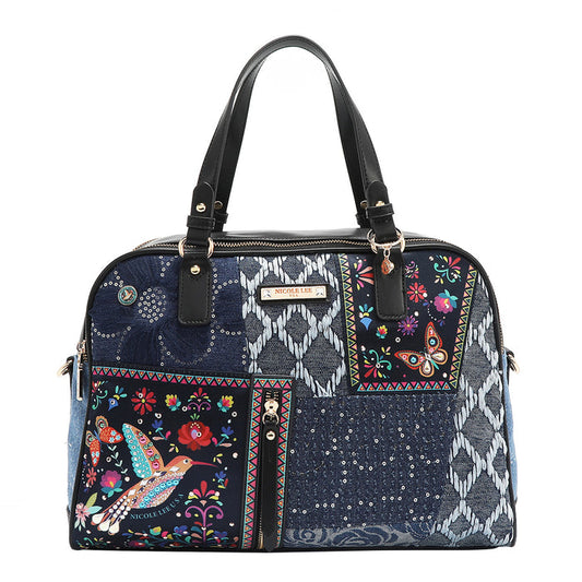 Our denim satchel Bag in our Nicole Lee Bosque de Amor design set on with background.
