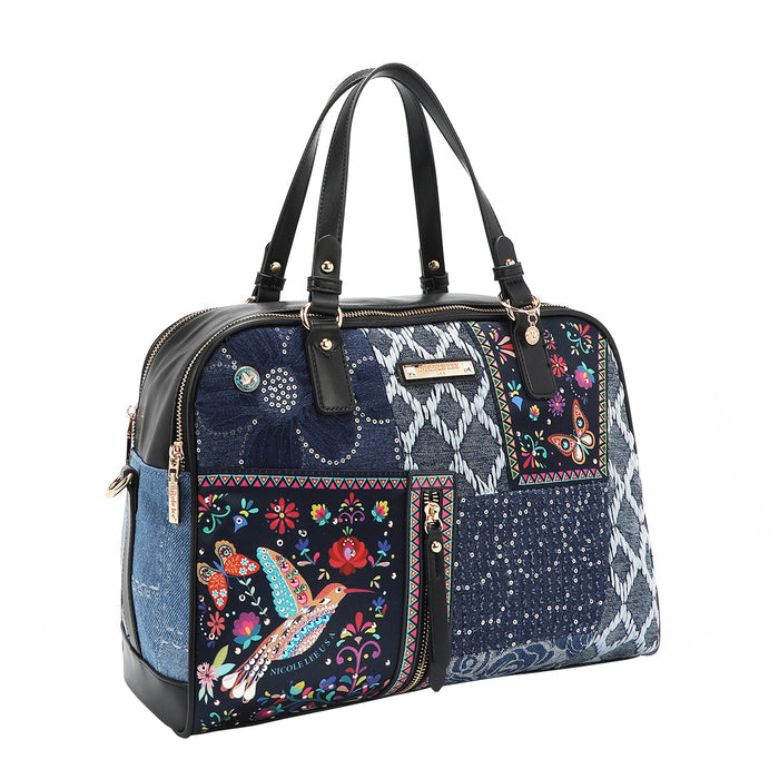 Our denim satchel Bag in our Nicole Lee Bosque de Amor design set on with background.