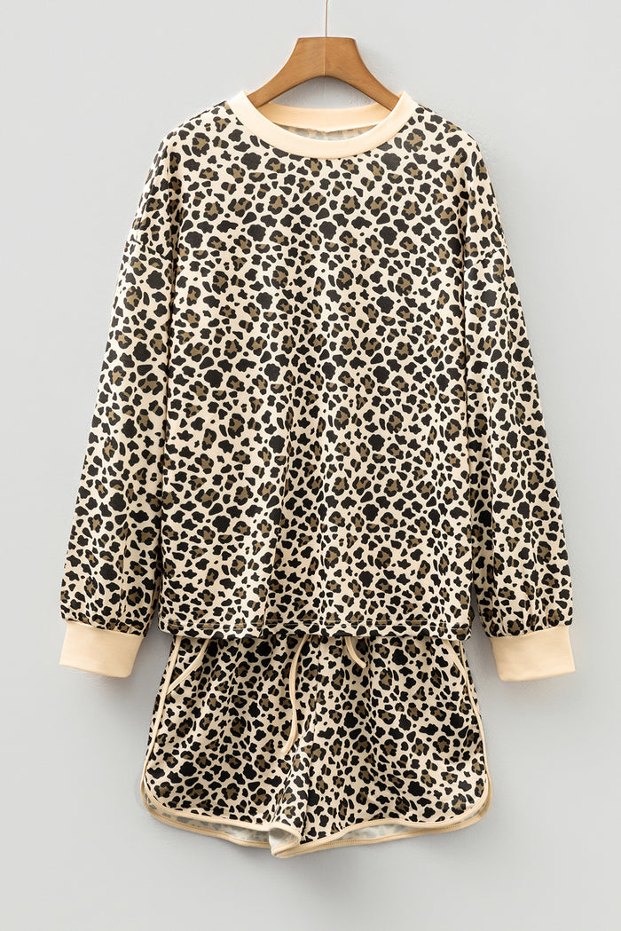 Brown Leopard Print Contrast Trim Long Sleeve Pullover Drawstring Shorts 2pcs Outfit