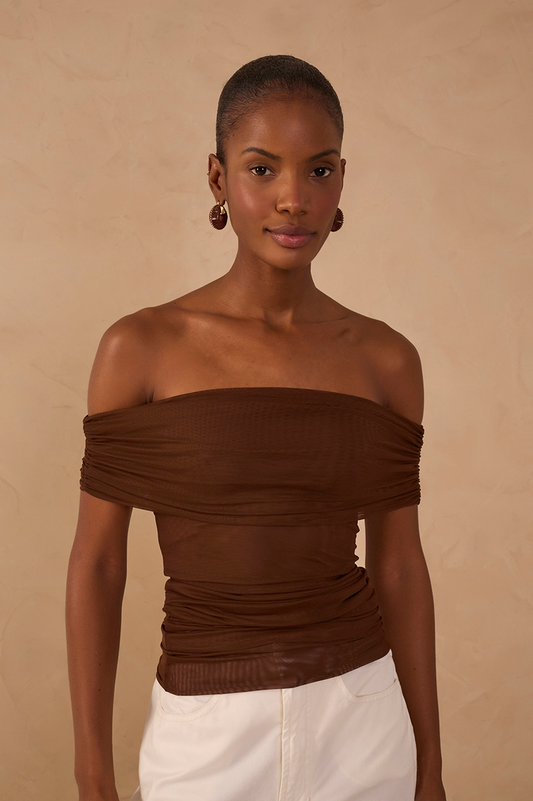 Brown Ruched Tulle Blouse_1