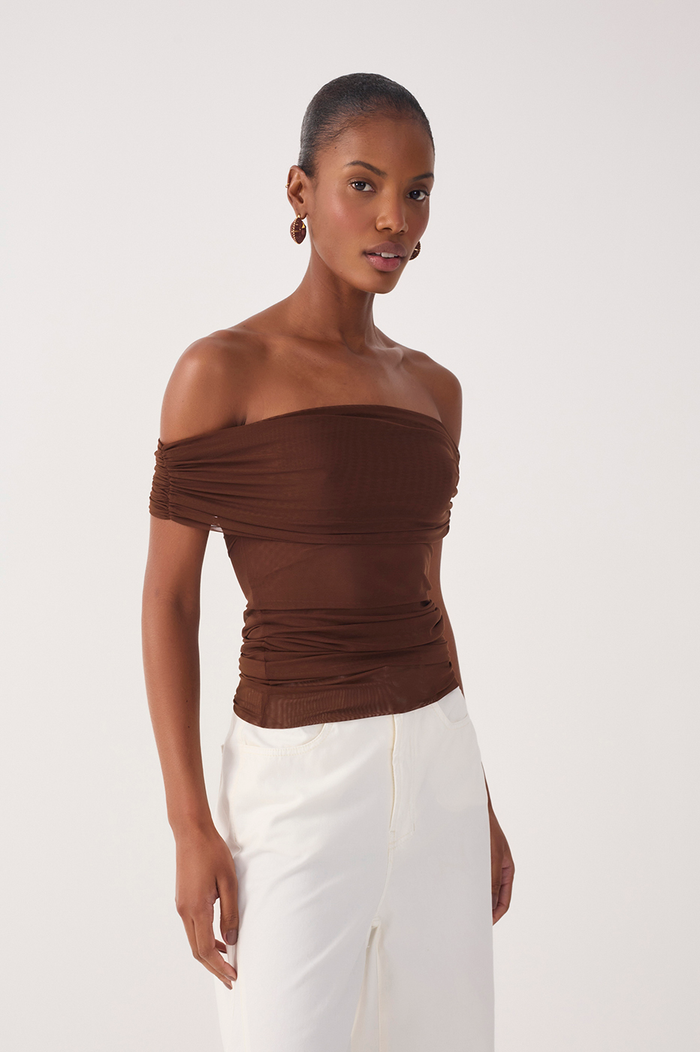 Brown Ruched Tulle Blouse_2