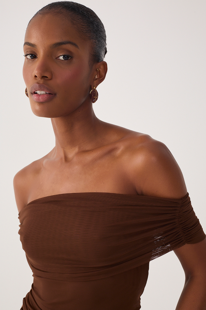 Brown Ruched Tulle Blouse_3