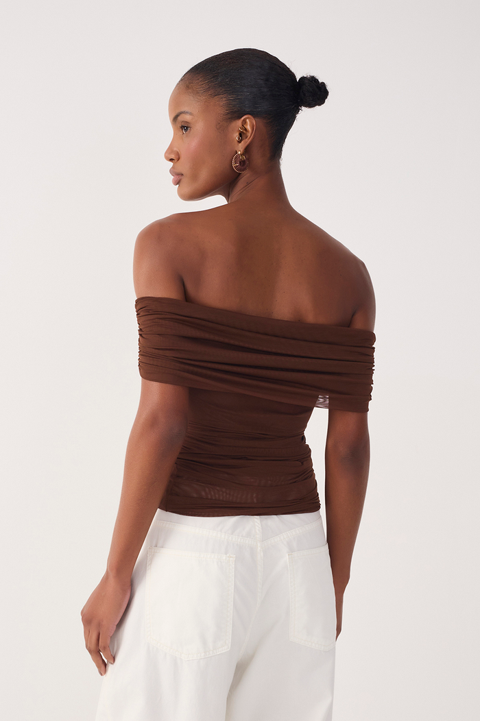 Brown Ruched Tulle Blouse_4