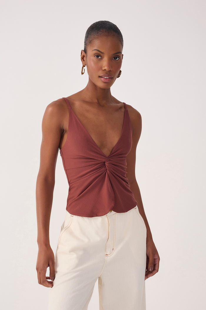 Brown Twisted Front Crepe Blouse_3