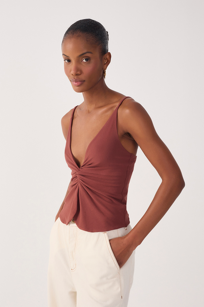 Brown Twisted Front Crepe Blouse_4