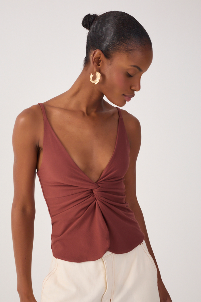 Brown Twisted Front Crepe Blouse