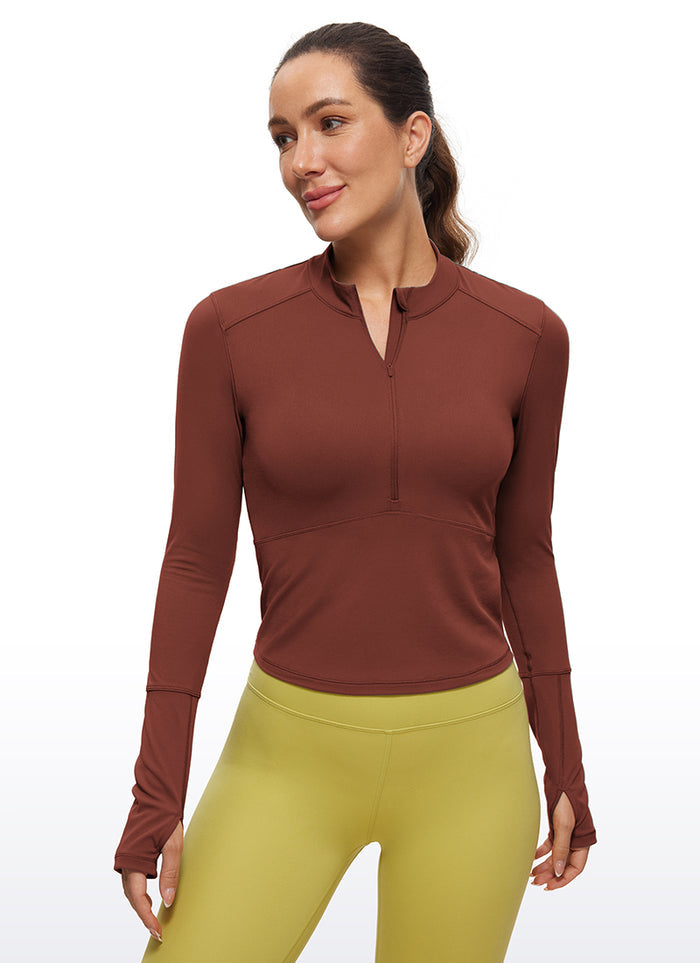 CRZ YOGA Women's Run Slim Fit Brushed Half-Zip Long Sleeve Cropped Jujube Brown