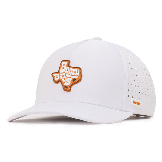 A white baseball cap with a structured crown, perforated side panels, and a curved brim. The front features an orange Texas-shaped patch reading Bogey Bros in white letters. A small orange Bogey Bros tag is attached on the side above the brim.