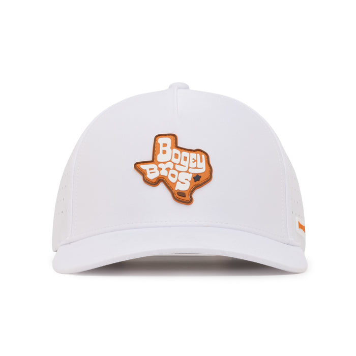 White baseball cap viewed from the front with an orange outline of Texas and the words Bogey Bros inside it, also in orange. The cap has small ventilation holes on the sides and a slightly curved bill.