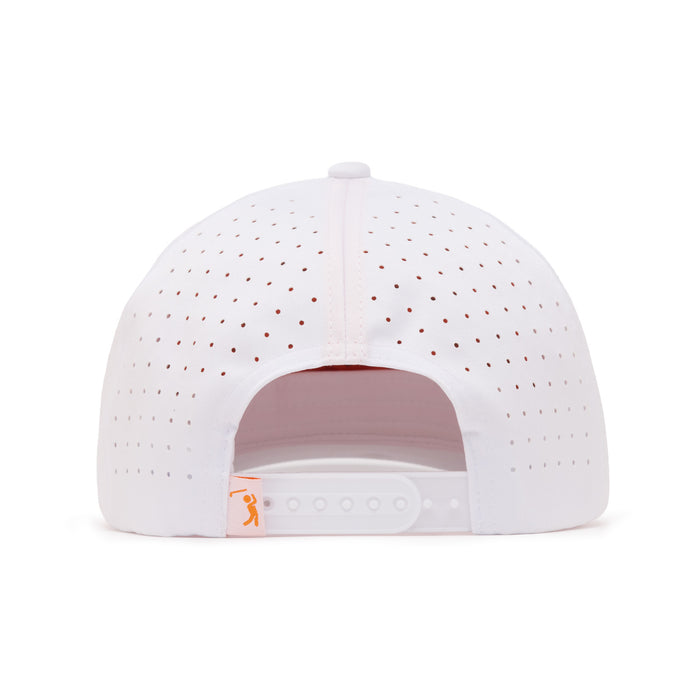 Back view of a white baseball cap with an adjustable snapback closure. The cap features evenly spaced small ventilation holes and a small orange tag with a white logo on the left side of the closure. The crown is slightly rounded.