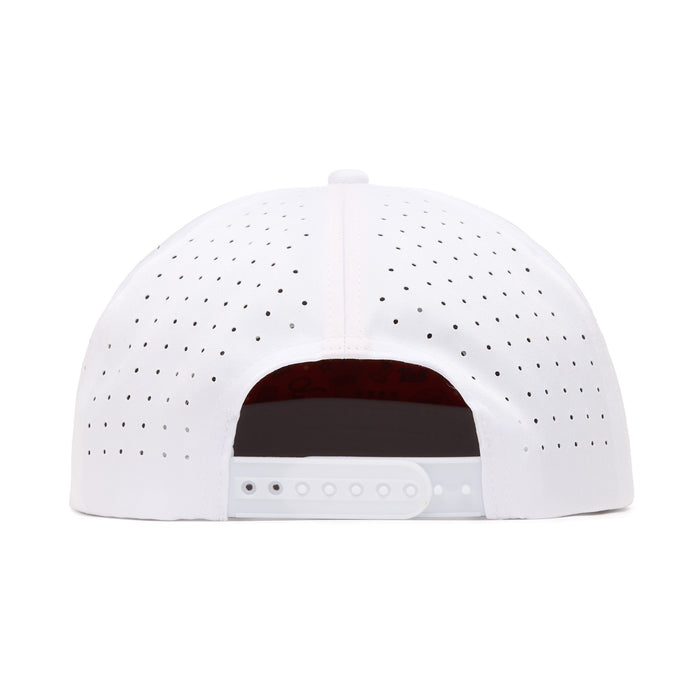 The image shows the back view of a white baseball cap with small ventilation holes and an adjustable snapback closure. The cap is centered on a plain white background.
