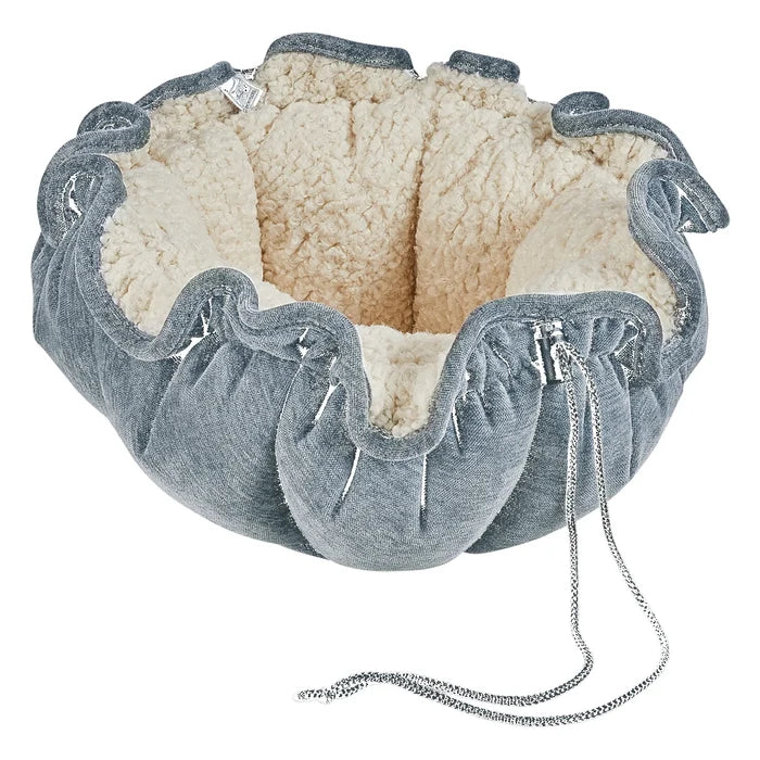 Gray pet bed with a chain on a white background
