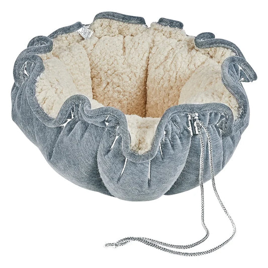 Gray pet bed with a chain on a white background