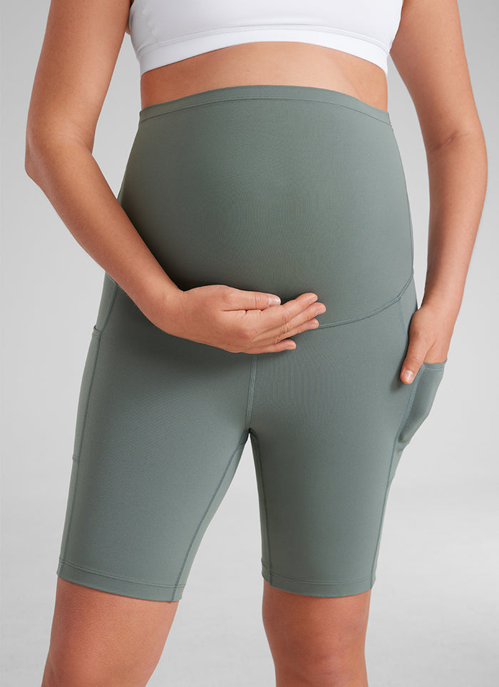 CRZ YOGA Women's Maternity Biker Shorts with Pockets Butterluxe 8'' Grey Sage