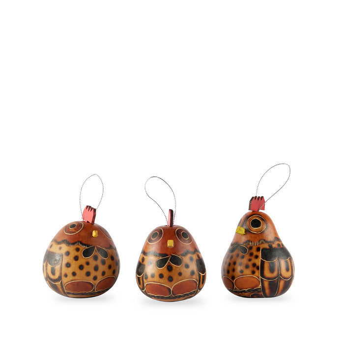 Group of three Inspired Peru dried gourd chicken ornaments
